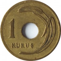 reverse of 1 Kuruş (1947 - 1951) coin with KM# 881 from Turkey. Inscription: 1 KURUS
