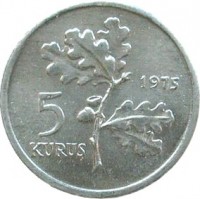 reverse of 5 Kuruş - FAO (1975) coin with KM# 906 from Turkey. Inscription: 5 KURUŞ 1975