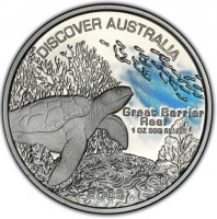 Silver coin Australia KM# 944 DISCOVER AUSTRALIA. Great Barrier Reef. 1 OZ 999 SILVER. JR P. 2006.