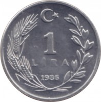 reverse of 1 Lira (1984 - 1989) coin with KM# 962 from Turkey. Inscription: 1 LIRA 1986