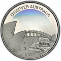 Silver coin Australia KM# 949 DISCOVER AUSTRALIA. Sydney. 1 OZ 999 SILVER. JR P. 2007.