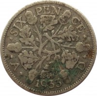 reverse of 6 Pence - George V (1927 - 1936) coin with KM# 832 from United Kingdom. Inscription: · SIX PEN CE · · A · 1933 · D ·