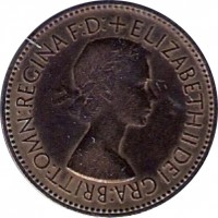 United Kingdom coin 1/2 Penny - Elizabeth II - With BRITT:OMN; 1'st Portrait (1953) obverse obverse of 1/2 Penny - Elizabeth II - With BRITT:OMN; 1'st Portrait (1953) coin with KM# 882 from United Kingdom. Inscription: +ELIZABETH II DEI GRA:BRITT:OMN:REGINA F:D
