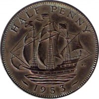 United Kingdom coin 1/2 Penny - Elizabeth II - With BRITT:OMN; 1'st Portrait (1953) reverse reverse of 1/2 Penny - Elizabeth II - With BRITT:OMN; 1'st Portrait (1953) coin with KM# 882 from United Kingdom. Inscription: HALF PENNY HP 1953