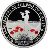 Silver coin Australia KM# 1179 90th ANNIVERSARY OF THE END OF WWI 1918 - 2008. AUSTRALIAN COMMONWEALTH MILITARY FORCES. P. SB.