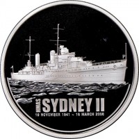 Silver coin Australia KM# 1654 HMAS SYDNEY II. 19 NOVEMBER 1941 ~ 16 MARCH 2008. WR P.