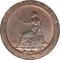 reverse of 1 Penny - George III (1797) coin with KM# 618 from United Kingdom. Inscription: BRITANNIA 1797