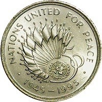 United Kingdom KM# 971 NATIONS UNITED FOR PEACE . 1945 - 1995 . . 50. MR.