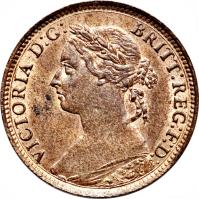 obverse of 1 Farthing - Victoria - 2'nd Portrait (1874 - 1895) coin with KM# 753 from United Kingdom. Inscription: VICTORIA D:G: BRITT:REG:F:D