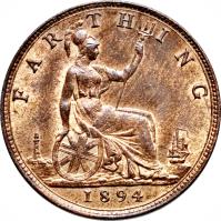 United Kingdom coin 1 Farthing - Victoria - 2'nd Portrait (1874 - 1895) reverse reverse of 1 Farthing - Victoria - 2'nd Portrait (1874 - 1895) coin with KM# 753 from United Kingdom. Inscription: FARTHING 1894
