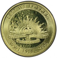 Aluminium Bronze coin Australia LEST WE FORGET. P. AUSTRALIAN COMMONWEALTH. MILITARY FORCES. WWI 1918-2008.
