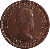 United Kingdom coin 1 Farthing - Elizabeth II - Without BRITT:OMN; 1'st Portrait (1954 - 1956) obverse obverse of 1 Farthing - Elizabeth II - Without BRITT:OMN; 1'st Portrait (1954 - 1956) coin with KM# 895 from United Kingdom. Inscription: ELIZABETH · II · DEI · GRATIA · REGINA · F · D:+