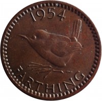 United Kingdom coin 1 Farthing - Elizabeth II - Without BRITT:OMN; 1'st Portrait (1954 - 1956) reverse reverse of 1 Farthing - Elizabeth II - Without BRITT:OMN; 1'st Portrait (1954 - 1956) coin with KM# 895 from United Kingdom. Inscription: 1954 FARTHING