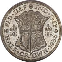 United Kingdom coin 1/2 Crown - George V (1927 - 1936) reverse reverse of 1/2 Crown - George V (1927 - 1936) coin with KM# 835 from United Kingdom. Inscription: HALF · CROWN · 1936 FID · DEF IND · IMP GG GG K G