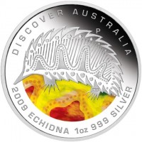 DISCOVER AUSTRALIA. P DB. 2009 ECHIDNA 1oz 999 SILVER.