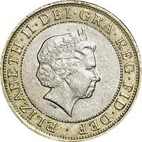 Bimetallic: copper-nickel center in nickel brass ring coin United Kingdom KM# 1105 ELIZABETH · II · DEI · GRA · REG · FID · DEF · . IRB.