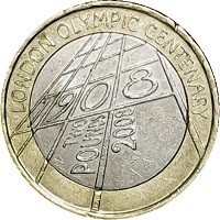 Bimetallic: copper-nickel center in nickel brass ring coin United Kingdom KM# 1105 LONDON OLYMPIC CENTENARY. 1908. TWO. POUNDS. TD. 2008.