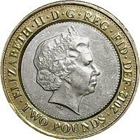 Front :- ELIZABETH · II · DEI · GRA · REG · FID · DEF · 2012 · TWO POUNDS · . IRB.