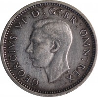 obverse of 3 Pence - George VI (1937 - 1945) coin with KM# 848 from United Kingdom. Inscription: GEORGIVS VI D:G:BR:OMN:REX