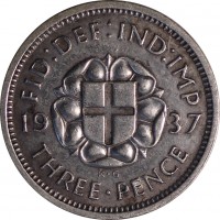 reverse of 3 Pence - George VI (1937 - 1945) coin with KM# 848 from United Kingdom. Inscription: FID:DEF:IND:IMP 19 37 THREE · PENCE