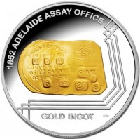 1852 ADELAIDE ASSAY OFFICE. WEIGHT OF INGOT. OZ DWT GR. 0        5          8. EQUIV: WEIGHT. OF 22 CARATS. OZ DWT GRS.            5            14. SA. CARATS 1. 23      8  GOLD INGOT 0706.