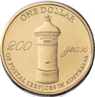 Aluminium Bronze coin Australia ONE DOLLAR. POST OFFICE. 200 YEARS OF POSTAL SERVICES IN AUSTRALIA.
