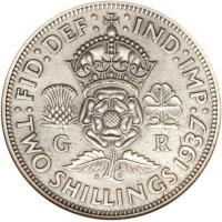 United Kingdom coin 2 Shillings - George VI - With IND:IMP (1937 - 1946) reverse reverse of 2 Shillings - George VI - With IND:IMP (1937 - 1946) coin with KM# 855 from United Kingdom. Inscription: :FID:DEF: :IND:IMP: G R K G TWO SHILLINGS 1937