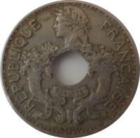 obverse of 5 Centimes (1938 - 1939) coin with KM# 18.1a from French Indochina. Inscription: RÉPUBLIQUE FRANÇAISE A.PATEY
