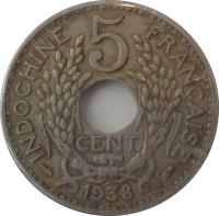 reverse of 5 Centimes (1938 - 1939) coin with KM# 18.1a from French Indochina. Inscription: INDOCHINE FRANÇAISE 5 CENT 1939