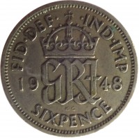 United Kingdom coin 6 Pence - George VI - With IND:IMP (1947 - 1948) reverse reverse of 6 Pence - George VI - With IND:IMP (1947 - 1948) coin with KM# 862 from United Kingdom. Inscription: FID · DEF · · IND · IMP 19 GRI 48 SIXPENCE