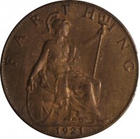 reverse of 1 Farthing - George V (1911 - 1925) coin with KM# 808 from United Kingdom. Inscription: FARTHING 1921