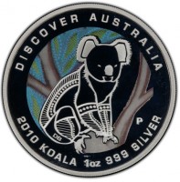 Silver coin Australia KM# 1409 DISCOVER AUSTRALIA. DB P. 2010 KOALA 1oz 999 SILVER.