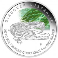 Silver coin Australia KM# 1421 DISCOVER AUSTRALIA. DB P. 2010 SALTWATER CROCODILE. 1oz 999 SILVER.