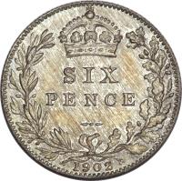 reverse of 6 Pence - Edward VII (1902 - 1910) coin with KM# 799 from United Kingdom. Inscription: SIX PENCE 1902