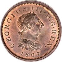 United Kingdom coin 1/2 Penny - George III (1806 - 1807) obverse obverse of 1/2 Penny - George III (1806 - 1807) coin with KM# 662 from United Kingdom. Inscription: GEORGIUS III · D : G · REX. 1807