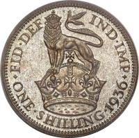 United Kingdom coin 1 Shilling - George V (1927 - 1936) reverse reverse of 1 Shilling - George V (1927 - 1936) coin with KM# 833 from United Kingdom. Inscription: FID · DEF IND · IMP ONE · SHILLING · 1936