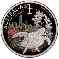 Silver coin Australia AUSTRALIA $1 QUEENSLAND. 1 oz 999 SILVER. P EM.