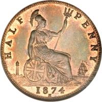 reverse of 1/2 Penny - Victoria - 2'nd Portrait (1874 - 1894) coin with KM# 754 from United Kingdom. Inscription: HALF PENNY 1874 H
