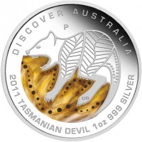 Silver coin Australia KM# 1540 DISCOVER AUSTRALIA. P DB. 2011 TASMANIAN DEVIL 1oz 999 SILVER.