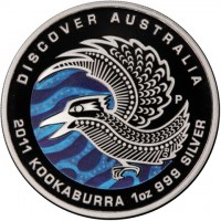 DISCOVER AUSTRALIA. P DB. 2011 KOOKABURRA 1oz 999 SILVER.