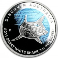 Silver coin Australia KM# 1552 DISCOVER AUSTRALIA. P DB. 2011 GREAT WHITE SHARK 1oz 999 SILVER.