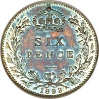 United Kingdom coin 6 Pence - Victoria - 3'rd Portrait (1893 - 1901) reverse reverse of 6 Pence - Victoria - 3'rd Portrait (1893 - 1901) coin with KM# 779 from United Kingdom. Inscription: SIX PENCE 1893