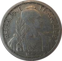 obverse of 20 Centimes (1945) coin with KM# 29 from French Indochina. Inscription: REPUBLIQUE FRANÇAISE 1945