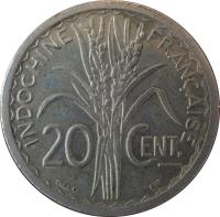 reverse of 20 Centimes (1945) coin with KM# 29 from French Indochina. Inscription: INDOCHINE FRANÇAISE 20 CENT.