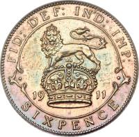 reverse of 6 Pence - George V (1911 - 1920) coin with KM# 815 from United Kingdom. Inscription: FID: DEF: IND: IMP: 19 11 SIXPENCE