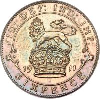 United Kingdom coin 6 Pence - George V (1911 - 1920) reverse reverse of 6 Pence - George V (1911 - 1920) coin with KM# 815 from United Kingdom. Inscription: FID: DEF: IND: IMP: 19 11 SIXPENCE