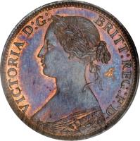 United Kingdom coin 1 Farthing - Victoria - 2'nd Portrait (1860 - 1873) obverse obverse of 1 Farthing - Victoria - 2'nd Portrait (1860 - 1873) coin with KM# 747 from United Kingdom. Inscription: VICTORIA D:G: BRITT:REG:F:D: