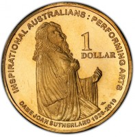 Aluminium Bronze coin Australia KM# 1645 INSPRATIONAL AUSTRALIANS : PERFORMING ARTS. 1 DOLLAR. DAME JOAN SUTHERLAND 1926 - 2010. WP.