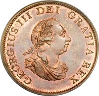 obverse of 1/2 Penny - George III (1799) coin with KM# 647 from United Kingdom. Inscription: GEORGIUS III DEI GRATIA REX