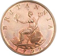 United Kingdom coin 1/2 Penny - George III (1799) reverse reverse of 1/2 Penny - George III (1799) coin with KM# 647 from United Kingdom. Inscription: BRITANNIA SOHO 1799